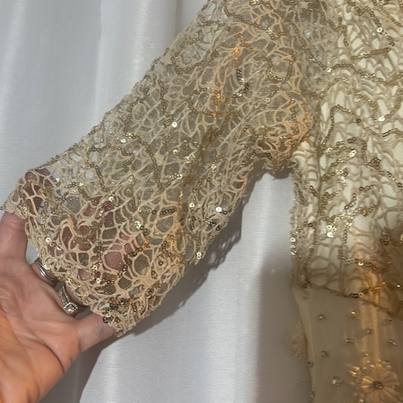 New with tags cream evening gown with champagne gold sequined overlay lace. - Picture 3 of 13